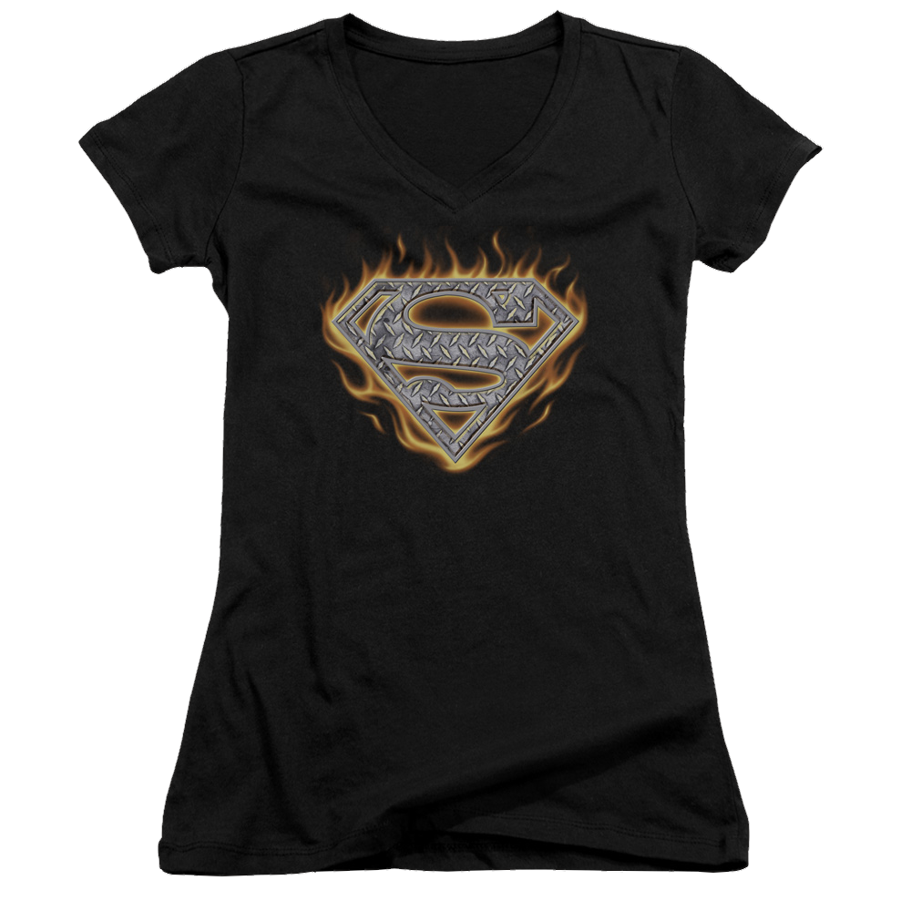 Superman Steel Fire Shield - Juniors V-Neck T-Shirt Juniors V-Neck T-Shirt Superman