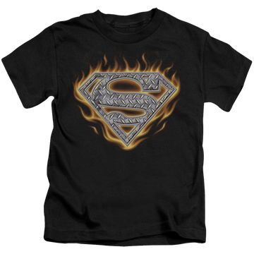 Black kid's t-shirt for ages 4 to 7 with Superman Steel Fire Shield graphic