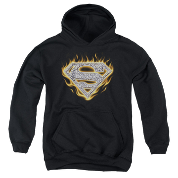Black youth hoodie for ages 8 to 12 with Superman Steel Fire Shield graphic