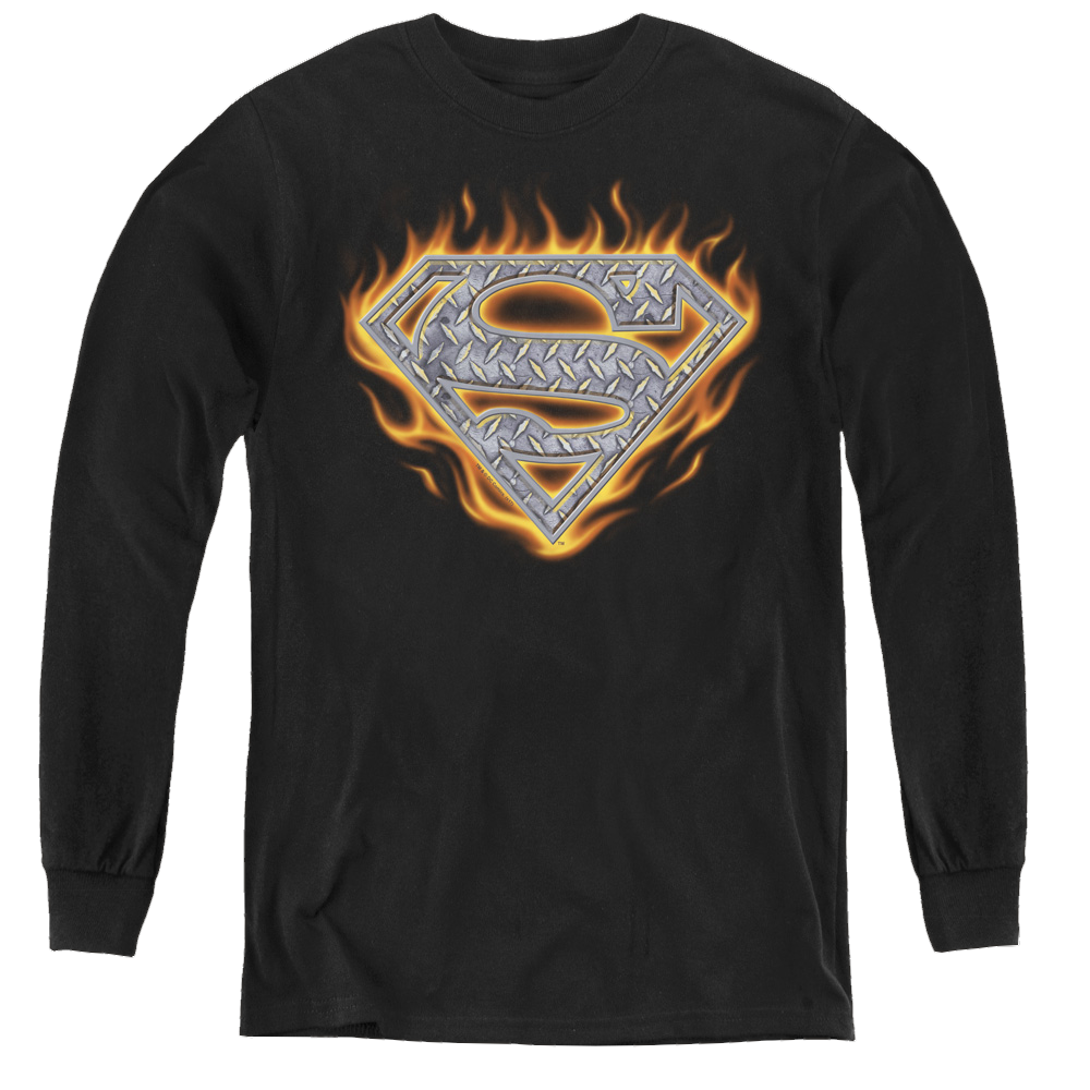 Superman Steel Fire Shield - Youth Long Sleeve T-Shirt Youth Long Sleeve T-Shirt Superman