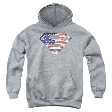 Athletic heather youth hoodie for ages 8 to 12 with Superman All graphic