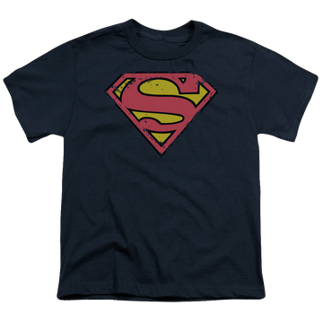 Navy youth t-shirt for ages 8 to 12 with Superman Distressed Shield graphic