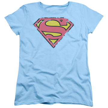 Light blue women's t-shirt with Superman Distressed Shield graphic