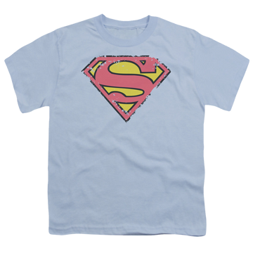 Light blue youth t-shirt for ages 8 to 12 with Superman Distressed Shield graphic