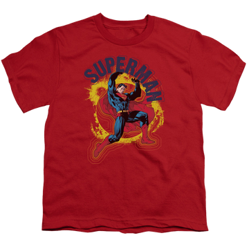 Red youth t-shirt for ages 8 to 12 with Superman A Name To Uphold graphic