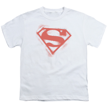 White youth t-shirt for ages 8 to 12 with Superman Spray Paint Shield graphic