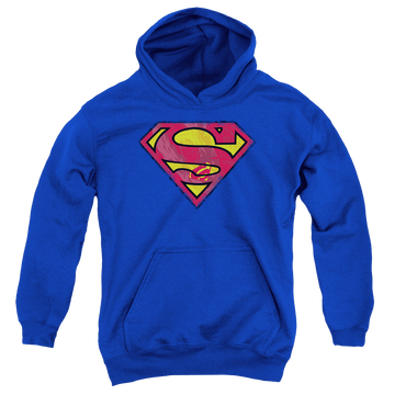 Royal youth hoodie for ages 8 to 12 with Superman Action Shield graphic