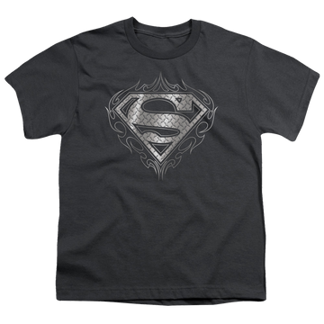 Charcoal youth t-shirt for ages 8 to 12 with Superman Tribal Steel Logo graphic