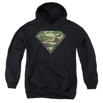 Black youth hoodie for ages 8 to 12 with Superman Camo Logo graphic