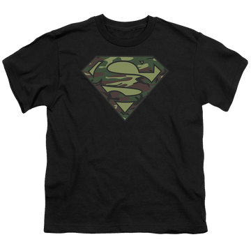 Black youth t-shirt for ages 8 to 12 with Superman Camo Logo graphic