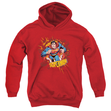 Red youth hoodie for ages 8 to 12 with Superman Sorry About The Wall graphic