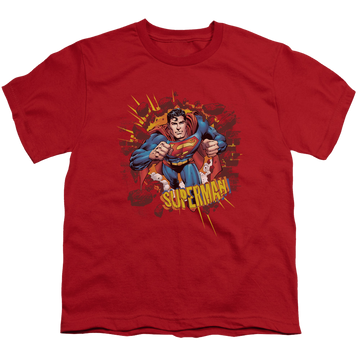 Red youth t-shirt for ages 8 to 12 with Superman Sorry About The Wall graphic