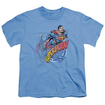 Carolina blue youth t-shirt for ages 8 to 12 with Superman Up And Away graphic