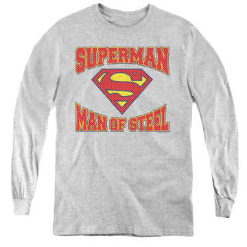 Athletic heather youth long sleeve t-shirt with Superman Man Of Steel Jersey graphic
