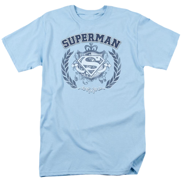 Light blue men's regular fit t-shirt with Superman Collegiate Crest graphic