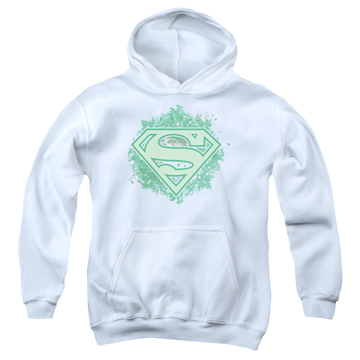 White youth hoodie for ages 8 to 12 with Superman Ornate Shield graphic