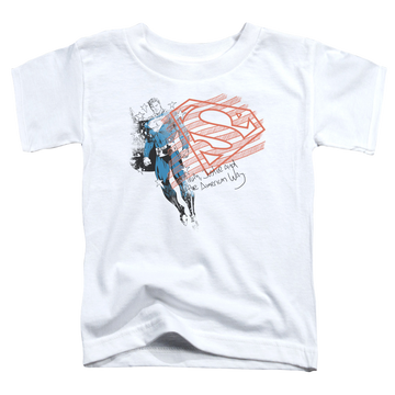 White kid's t-shirt for ages 4 to 7 with Superman Super American Flag graphic