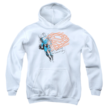 White youth hoodie for ages 8 to 12 with Superman Super American Flag graphic