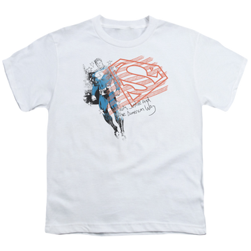 White youth t-shirt for ages 8 to 12 with Superman Super American Flag graphic