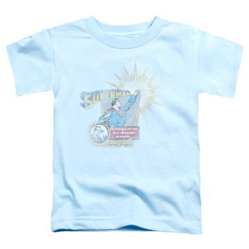 Light blue kid's t-shirt for ages 4 to 7 with Superman Ingenious Disguise graphic