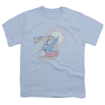 Light blue youth t-shirt for ages 8 to 12 with Superman Ingenious Disguise graphic