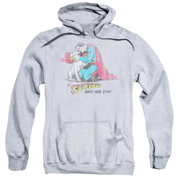 Athletic heather pullover hoodie with Superman And His Dog graphic