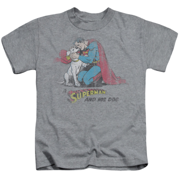 Athletic heather kid's t-shirt for ages 4 to 7 with Superman And His Dog graphic