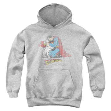 Athletic heather youth hoodie for ages 8 to 12 with Superman And His Dog graphic