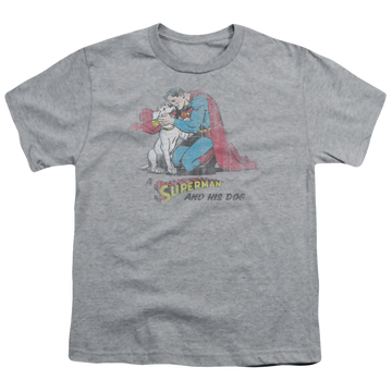 Athletic heather youth t-shirt for ages 8 to 12 with Superman And His Dog graphic