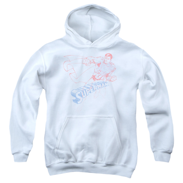 White youth hoodie for ages 8 to 12 with Superman Sketch graphic