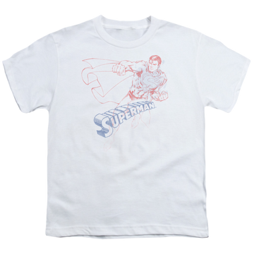 White youth t-shirt for ages 8 to 12 with Superman Sketch graphic