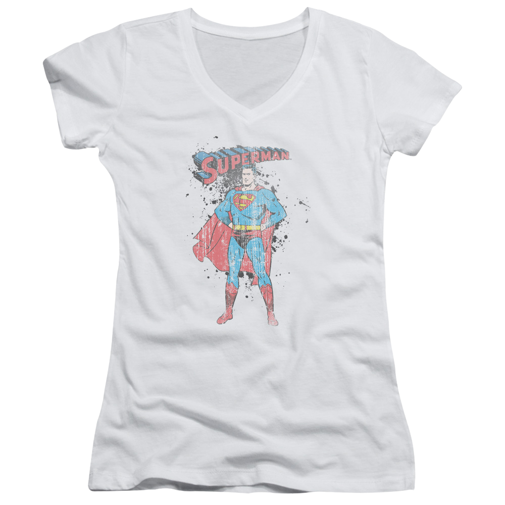 Superman Vintage Ink Splatter - Juniors V-Neck T-Shirt Juniors V-Neck T-Shirt Superman