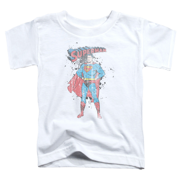 White toddler t-shirt with Superman Vintage Ink Splatter graphic