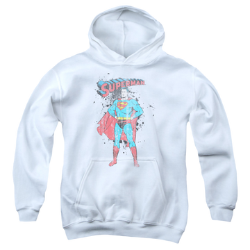 White youth hoodie for ages 8 to 12 with Superman Vintage Ink Splatter graphic