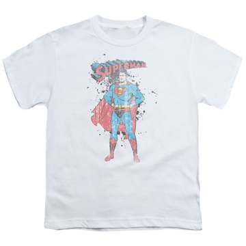 White youth t-shirt for ages 8 to 12 with Superman Vintage Ink Splatter graphic