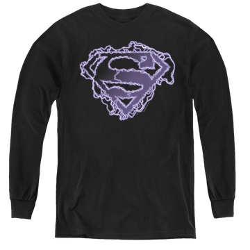 Black youth long sleeve t-shirt with Superman Electric Supes Shield graphic