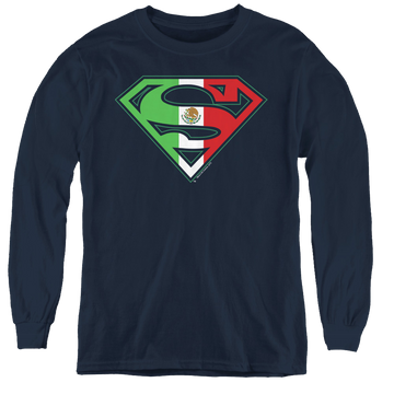 Navy youth long sleeve t-shirt with Superman Mexican Shield graphic