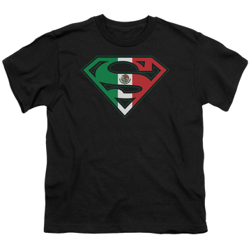 Black youth t-shirt for ages 8 to 12 with Superman Mexican Flag Shield graphic