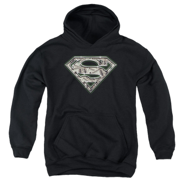 Black youth hoodie for ages 8 to 12 with Superman All About The Benjamins graphic