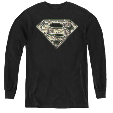Black youth long sleeve t-shirt with Superman All About The Benjamins graphic