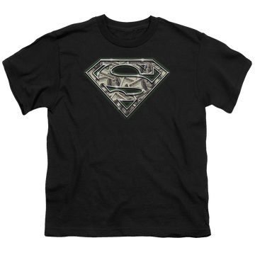 Black youth t-shirt for ages 8 to 12 with Superman All About The Benjamins graphic