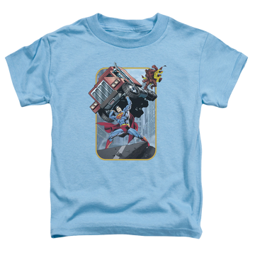 Carolina blue kid's t-shirt for ages 4 to 7 with Superman Pick Up My Truck graphic
