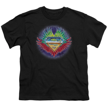 Black youth t-shirt for ages 8 to 12 with Superman Dont Stop Believing graphic