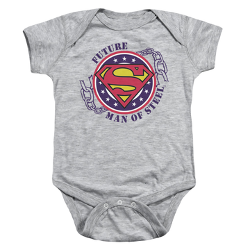 Athletic heather baby bodysuit with Superman Future Man Of Steel graphic