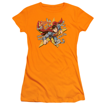 Orange juniors t-shirt with Superman Stars And Chains graphic