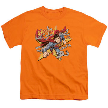 Orange youth t-shirt for ages 8 to 12 with Superman Stars And Chains graphic