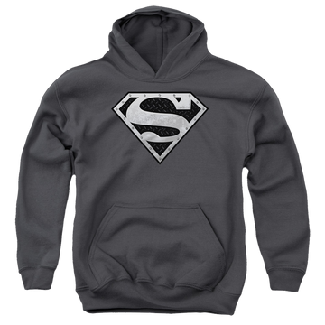 Charcoal youth hoodie for ages 8 to 12 with Superman Super Metallic Shield graphic