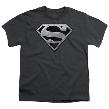 Charcoal youth t-shirt for ages 8 to 12 with Superman Super Metallic Shield graphic