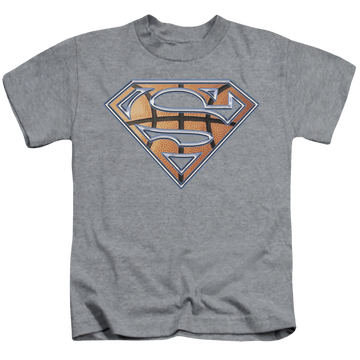 Athletic heather kid's t-shirt for ages 4 to 7 with Superman Basketball Shield graphic