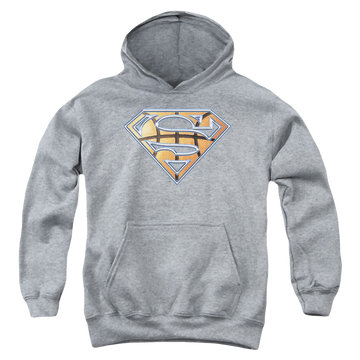 Athletic heather youth hoodie for ages 8 to 12 with Superman Basketball Shield graphic